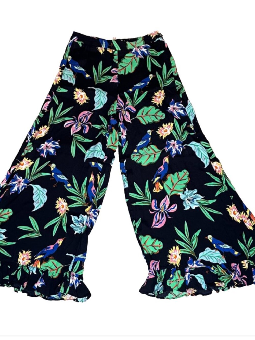 Philosophy Tropical Floral Wide Leg Boho Palazzo Pants Ruffle Hem Sz 4